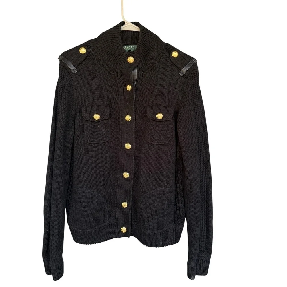 Lauren Ralph Lauren Cardigan Sweater Womens PL Black Military Gold Button Knit